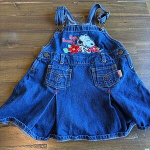 Vintage Baby Snoopy Denim Floral Jean Overall Dress Girl 24M Embroidery Pockets